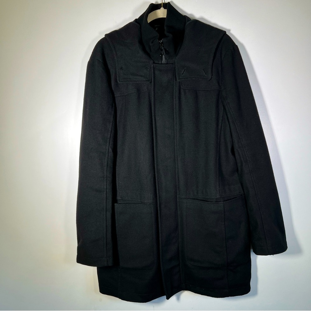 Stile Benetton Black Wool Blend Trench Italian Coat Jacket w/ Hood Size 50 Large